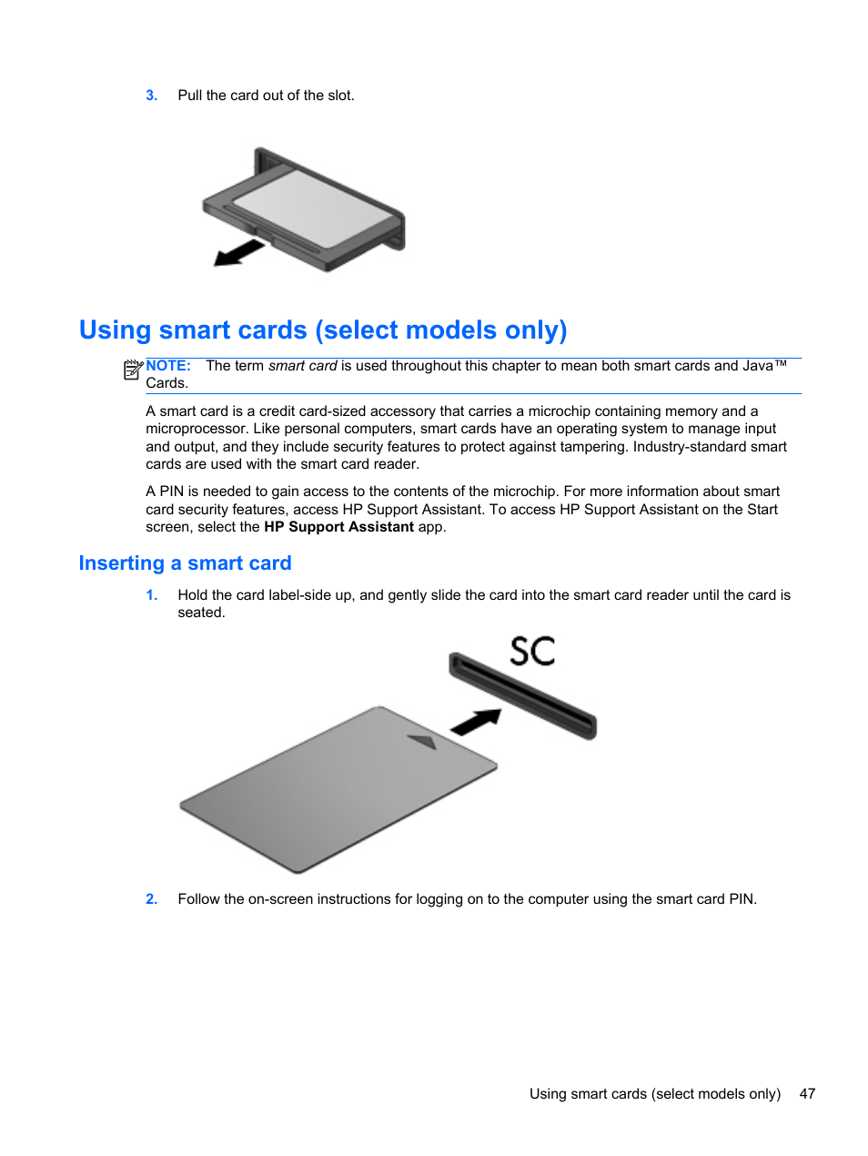Using smart cards (select models only), Inserting a smart card | HP ProBook 655 G1 Notebook PC User Manual | Page 57 / 106