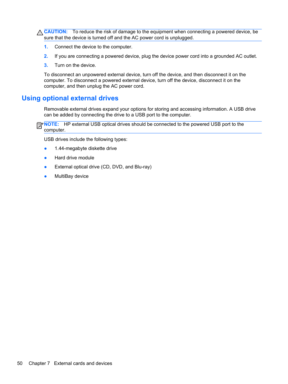 Using optional external drives | HP ProBook 655 G1 Notebook PC User Manual | Page 60 / 106
