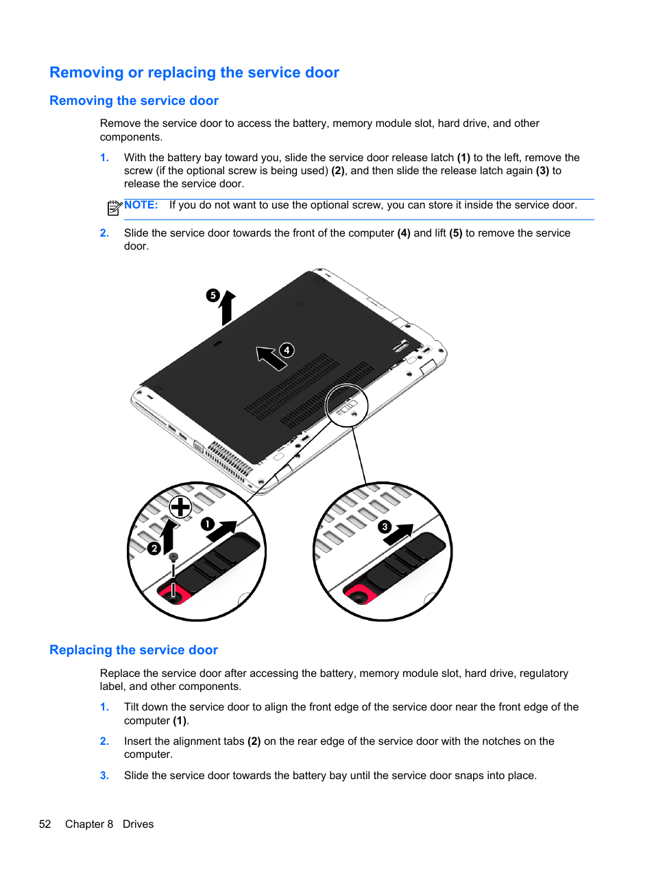 Removing or replacing the service door, Removing the service door, Replacing the service door | HP ProBook 655 G1 Notebook PC User Manual | Page 62 / 106