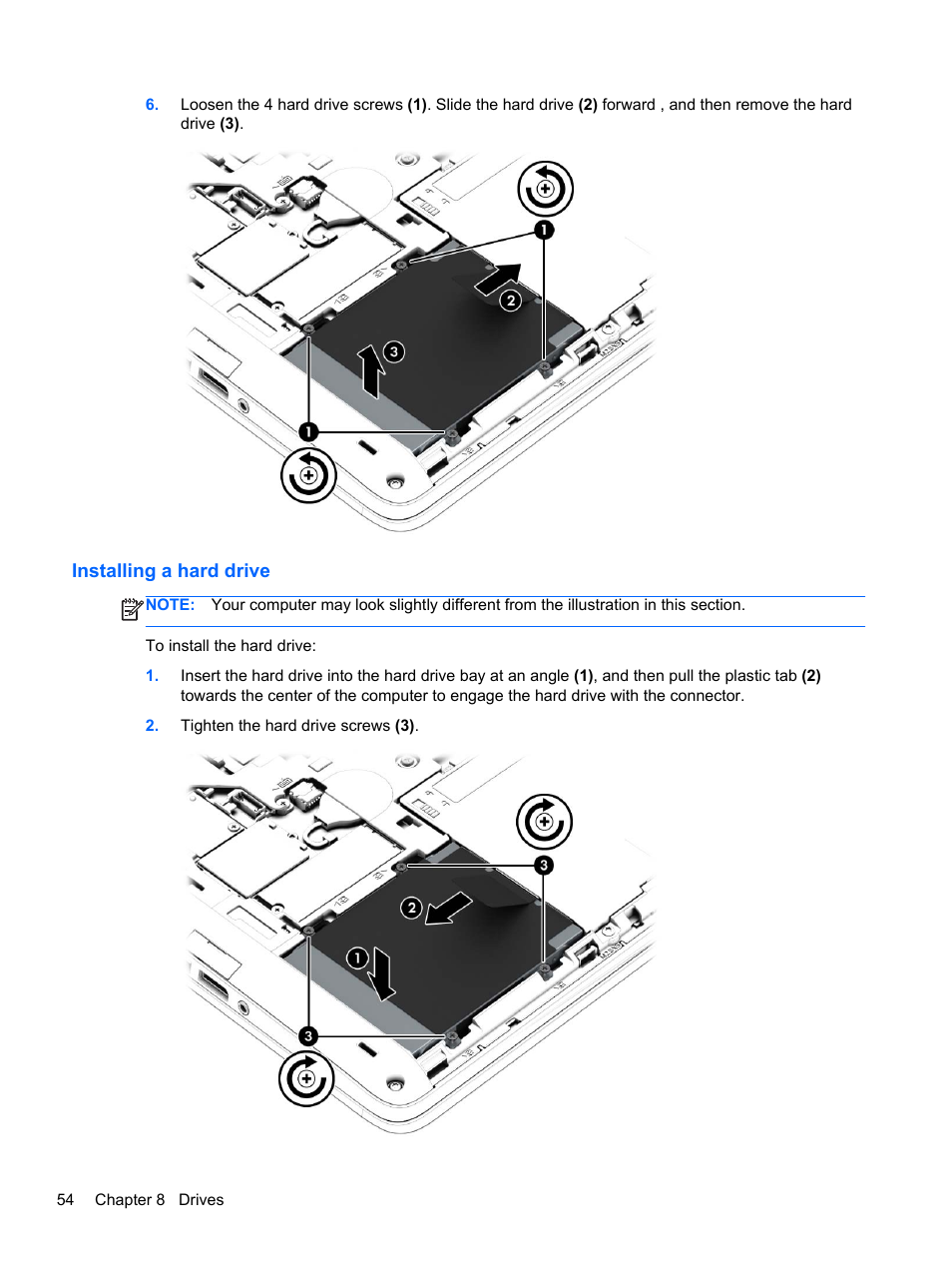 Installing a hard drive | HP ProBook 655 G1 Notebook PC User Manual | Page 64 / 106