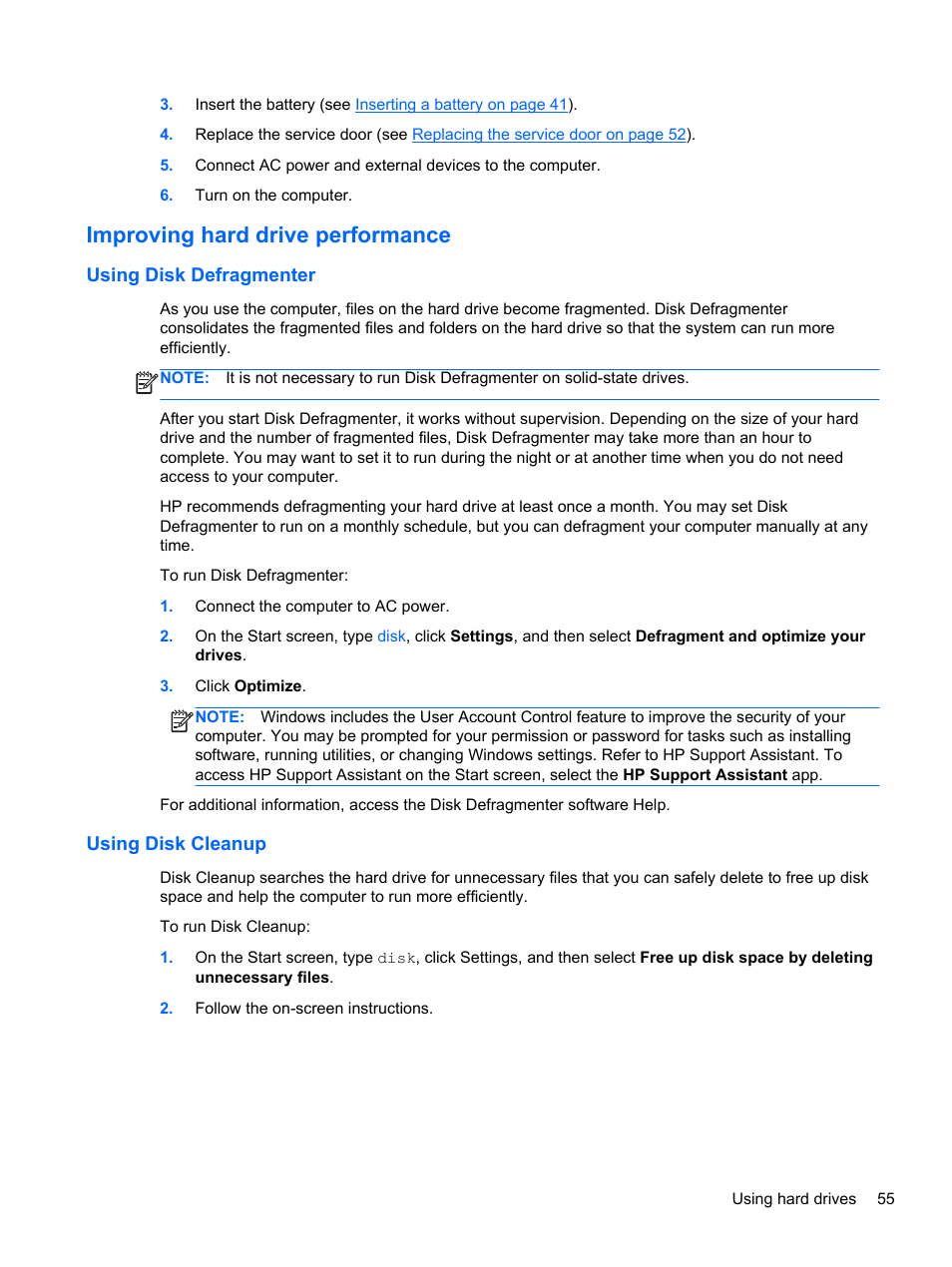 Improving hard drive performance, Using disk defragmenter, Using disk cleanup | Using disk defragmenter using disk cleanup | HP ProBook 655 G1 Notebook PC User Manual | Page 65 / 106