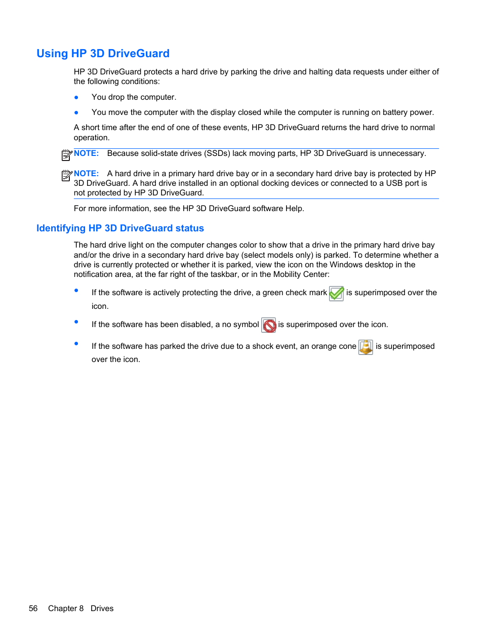 Using hp 3d driveguard, Identifying hp 3d driveguard status | HP ProBook 655 G1 Notebook PC User Manual | Page 66 / 106