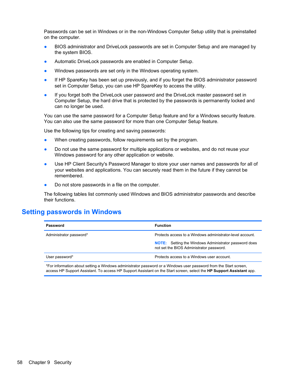 Setting passwords in windows | HP ProBook 655 G1 Notebook PC User Manual | Page 68 / 106
