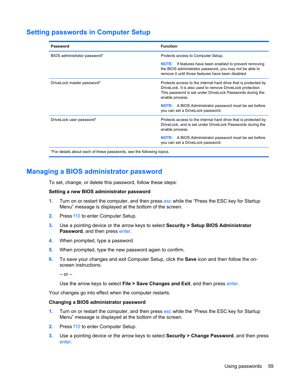 Setting passwords in computer setup, Managing a bios administrator password | HP ProBook 655 G1 Notebook PC User Manual | Page 69 / 106