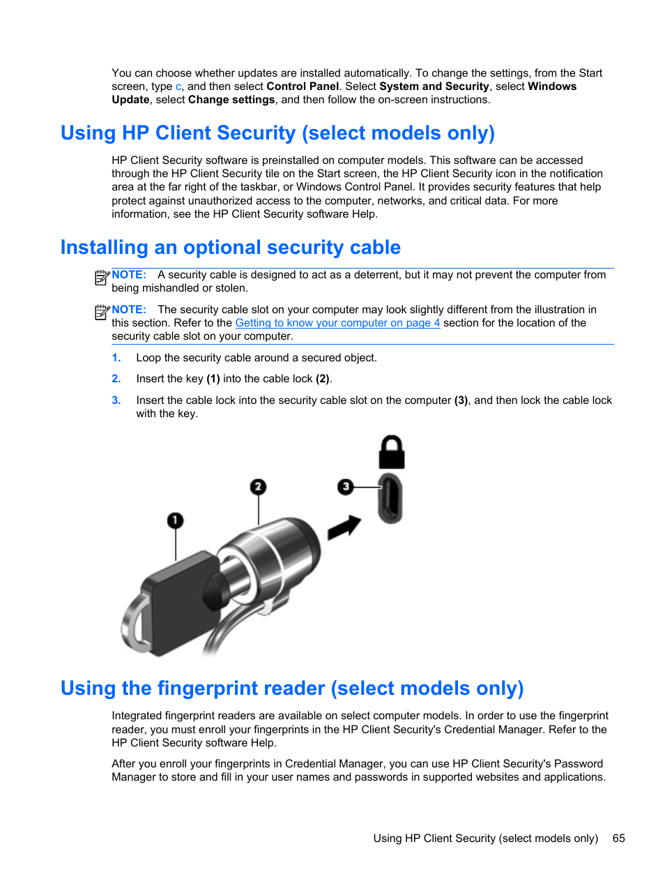 Using hp client security (select models only), Installing an optional security cable, Using the fingerprint reader (select models only) | HP ProBook 655 G1 Notebook PC User Manual | Page 75 / 106