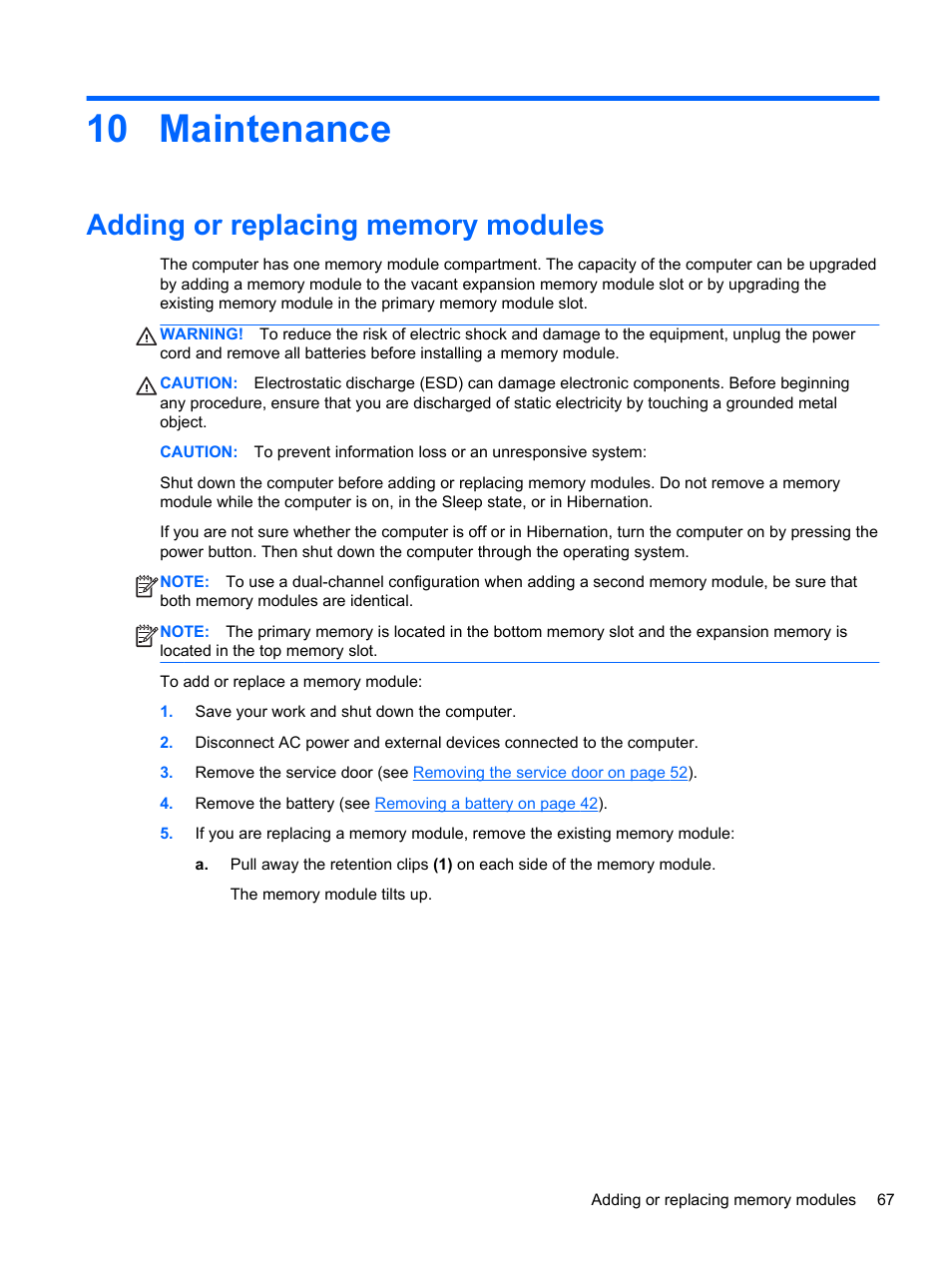 Maintenance, Adding or replacing memory modules, 10 maintenance | HP ProBook 655 G1 Notebook PC User Manual | Page 77 / 106