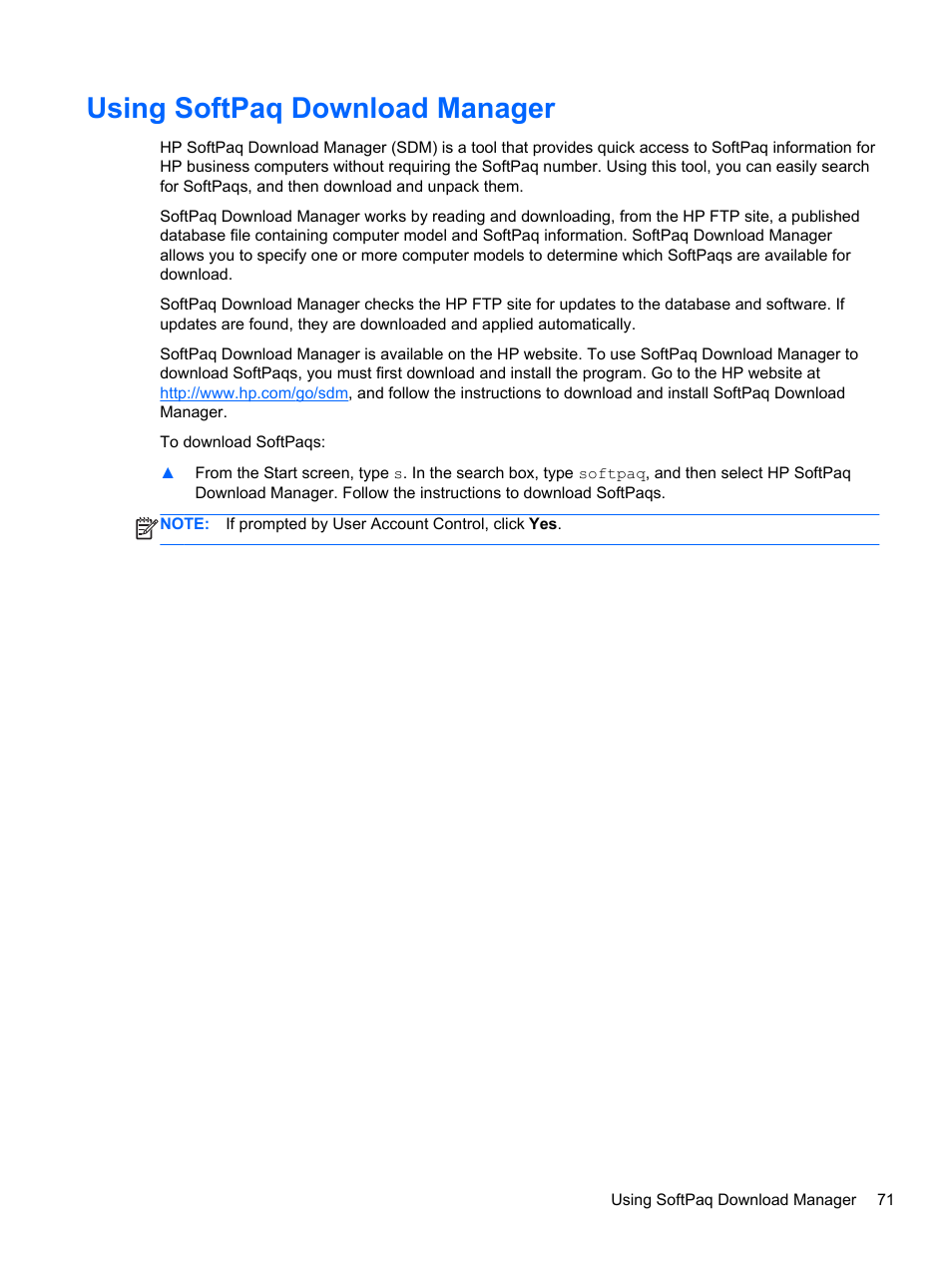 Using softpaq download manager | HP ProBook 655 G1 Notebook PC User Manual | Page 81 / 106