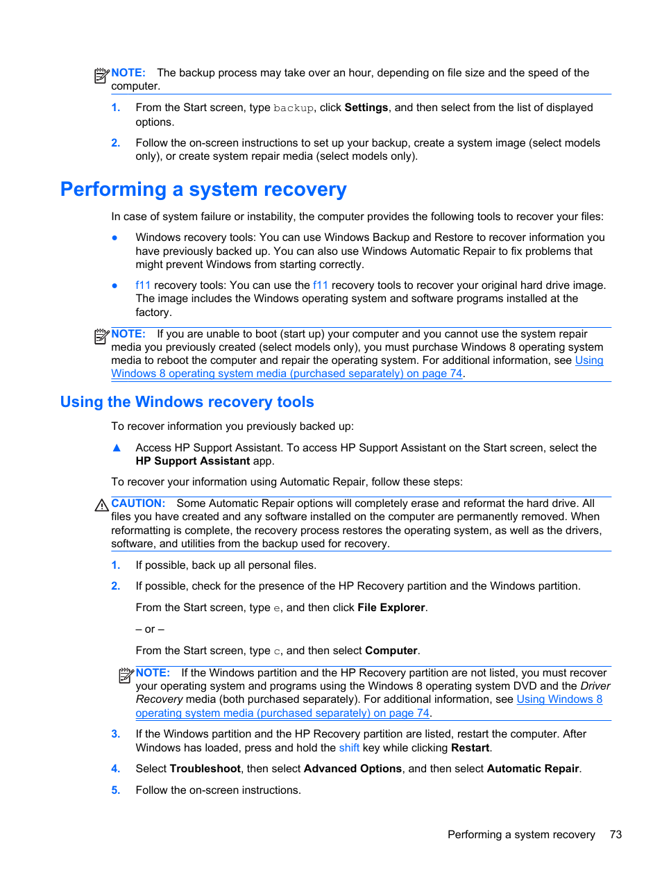 Performing a system recovery, Using the windows recovery tools | HP ProBook 655 G1 Notebook PC User Manual | Page 83 / 106