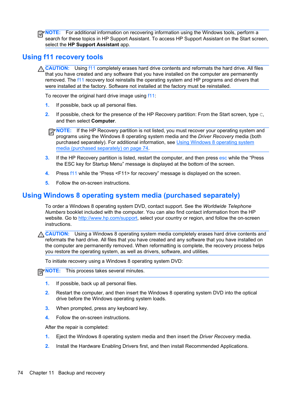 Using f11 recovery tools, Using, Using windows 8 | HP ProBook 655 G1 Notebook PC User Manual | Page 84 / 106