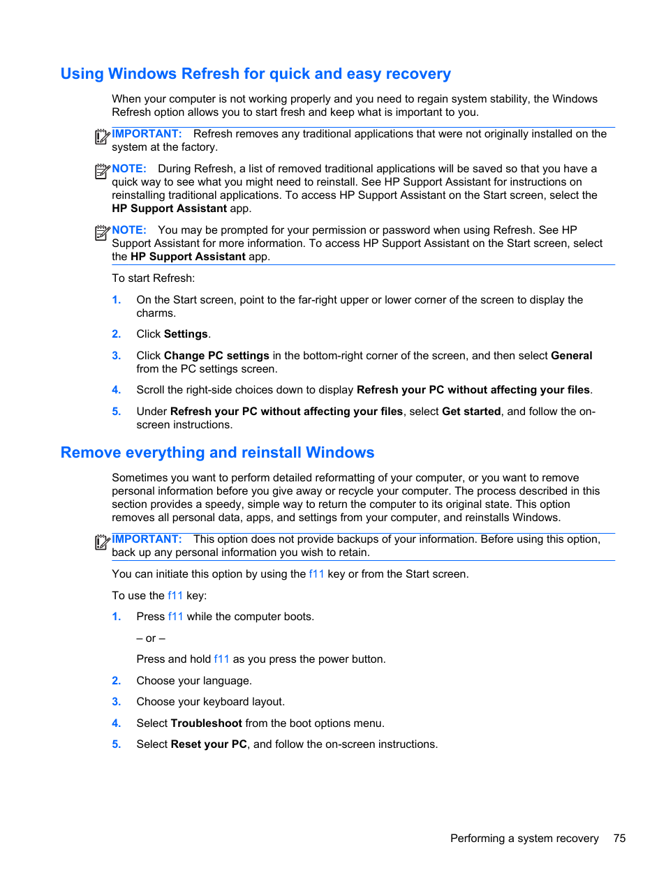 Using windows refresh for quick and easy recovery, Remove everything and reinstall windows | HP ProBook 655 G1 Notebook PC User Manual | Page 85 / 106