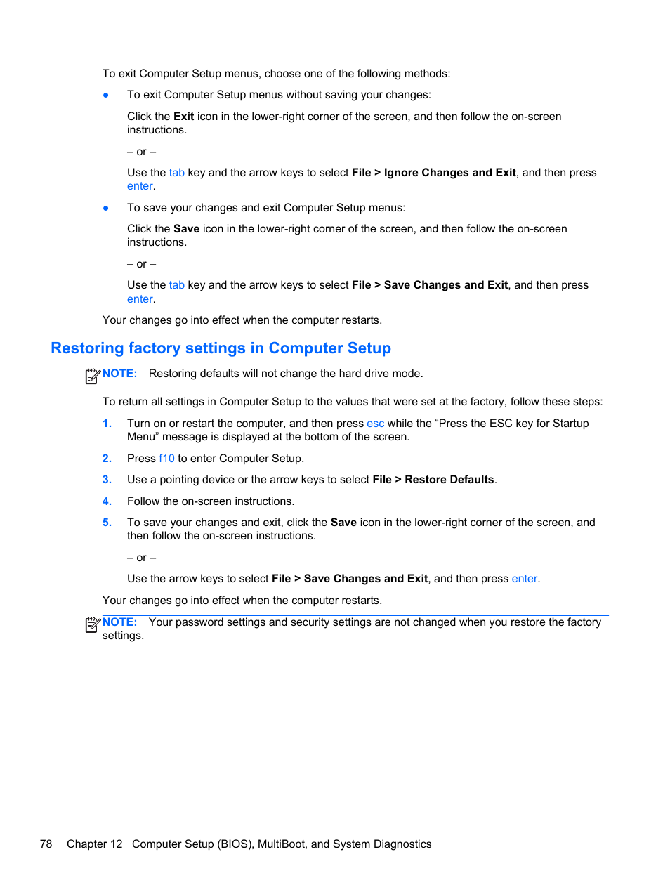 Restoring factory settings in computer setup | HP ProBook 655 G1 Notebook PC User Manual | Page 88 / 106