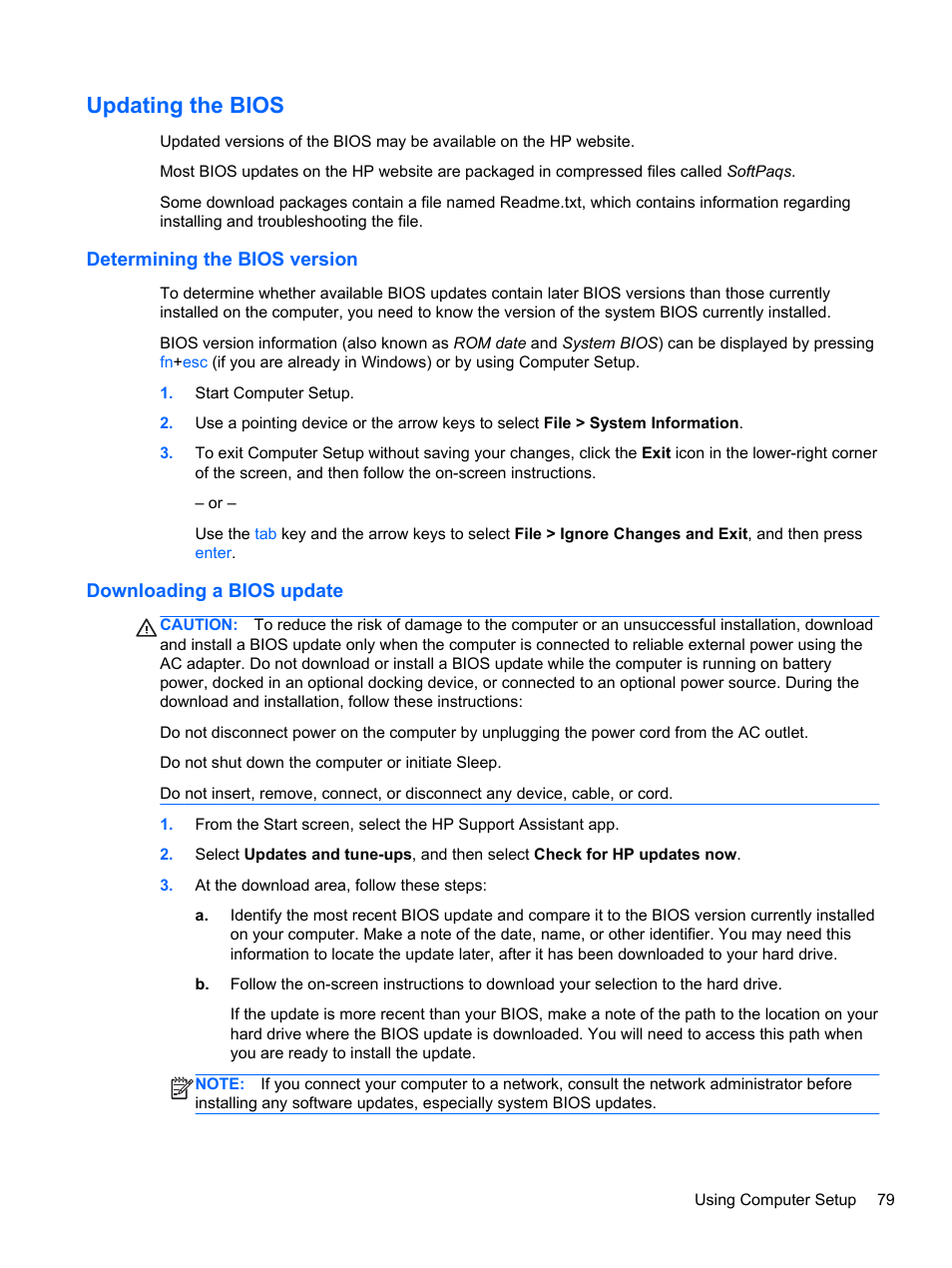 Updating the bios, Determining the bios version, Downloading a bios update | HP ProBook 655 G1 Notebook PC User Manual | Page 89 / 106