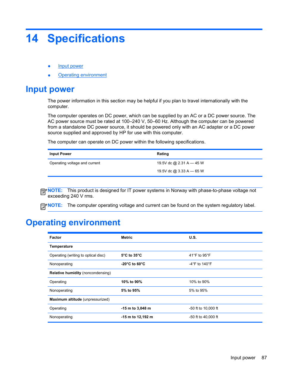 Specifications, Input power, Operating environment | 14 specifications, Input power operating environment | HP ProBook 655 G1 Notebook PC User Manual | Page 97 / 106