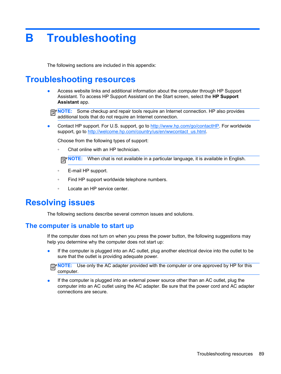 Troubleshooting, Troubleshooting resources, Resolving issues | The computer is unable to start up, Appendix b troubleshooting, Troubleshooting resources resolving issues, Btroubleshooting | HP ProBook 655 G1 Notebook PC User Manual | Page 99 / 106