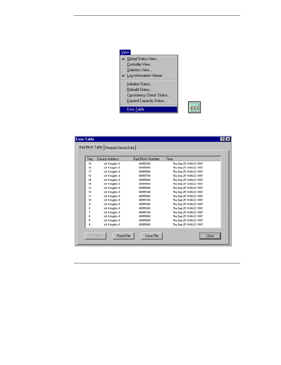 Viewing bad block table and request sense data | HP Netserver L Server series User Manual | Page 112 / 174