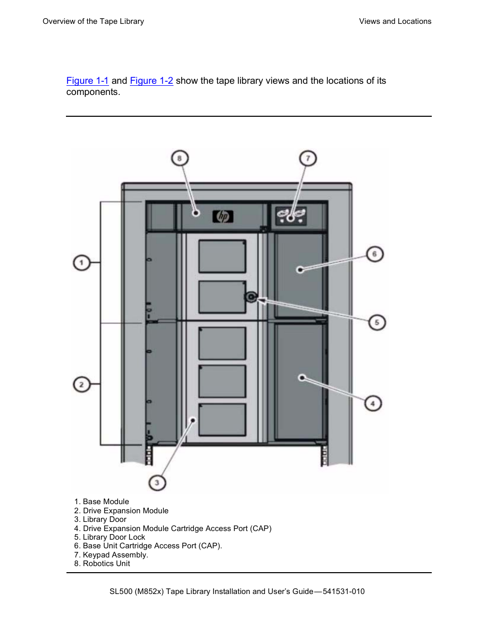 Views and locations, Figure 1-1, Front view of tape library components | HP Integrity NonStop H-Series User Manual | Page 10 / 76