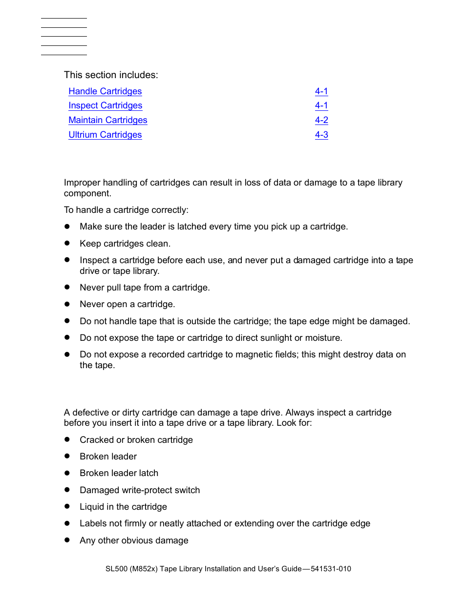 4 cartridge information, Handle cartridges, Inspect cartridges | Cartridge information | HP Integrity NonStop H-Series User Manual | Page 43 / 76