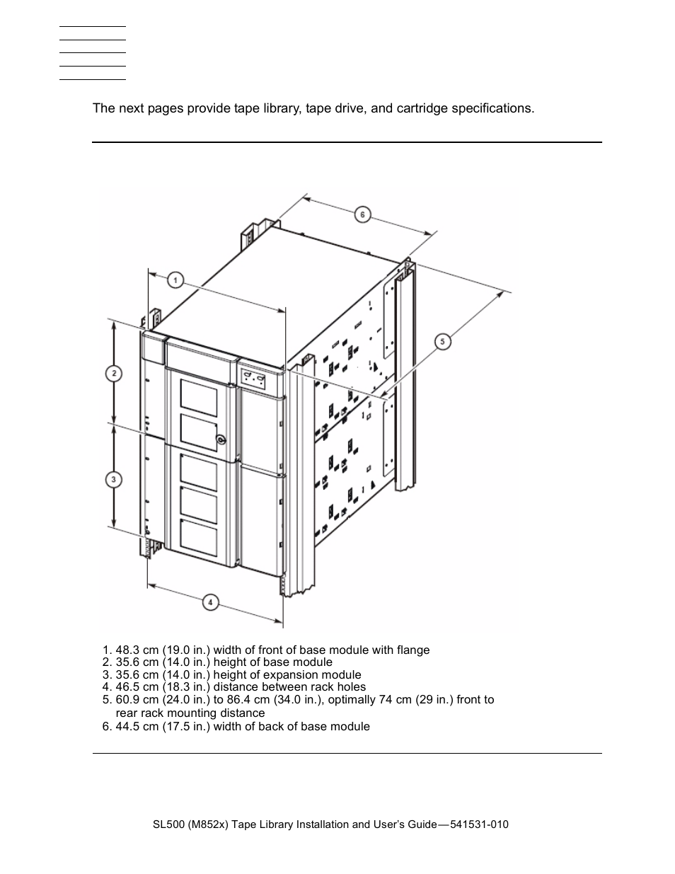 A specifications, A. specifications, Figure a-1 | Library and rack dimensions, Specifications | HP Integrity NonStop H-Series User Manual | Page 57 / 76