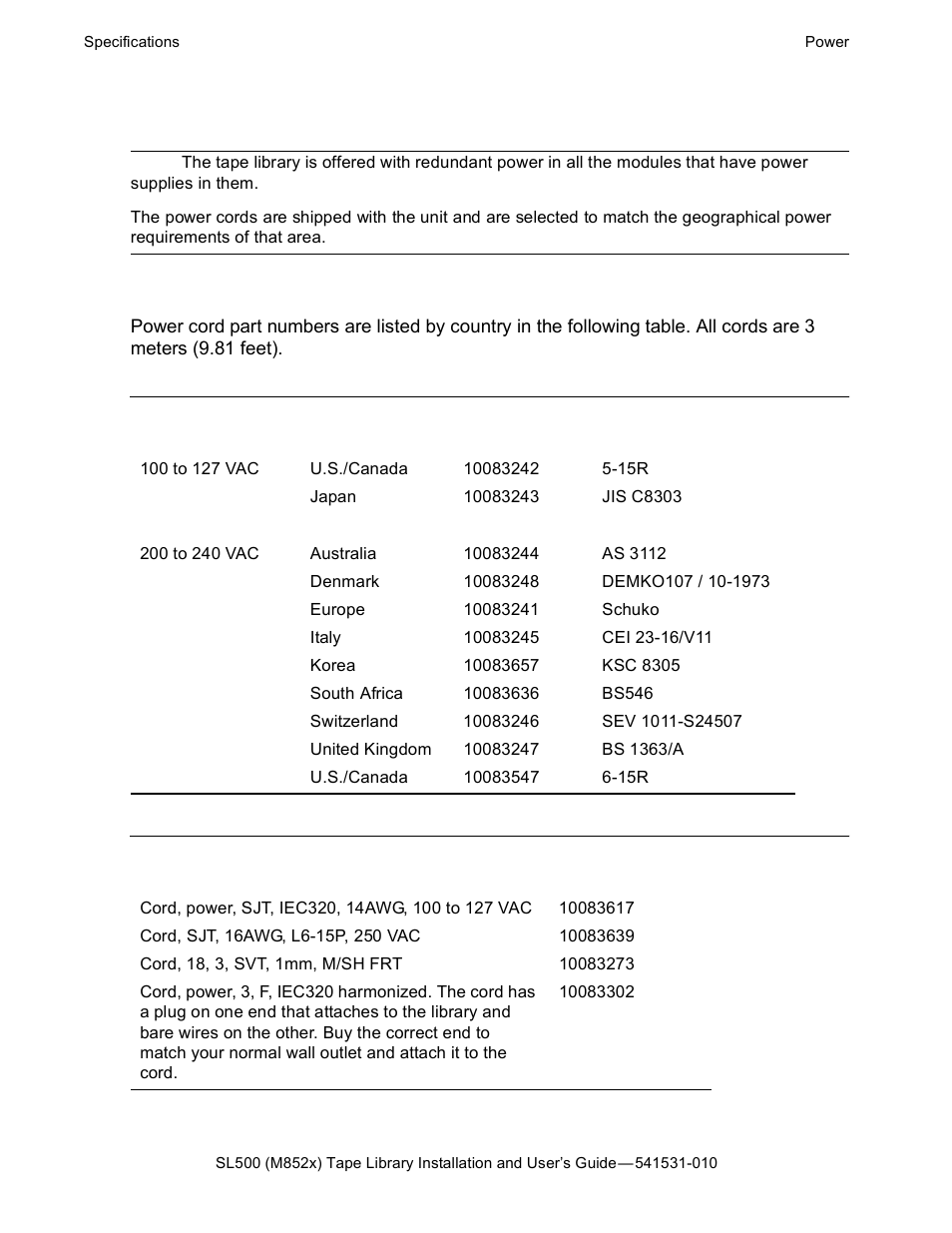 Power, Power cord numbers and receptacles, Table a-3 | Power cord and receptacles, Table a-4, Non-country-specific cords | HP Integrity NonStop H-Series User Manual | Page 60 / 76