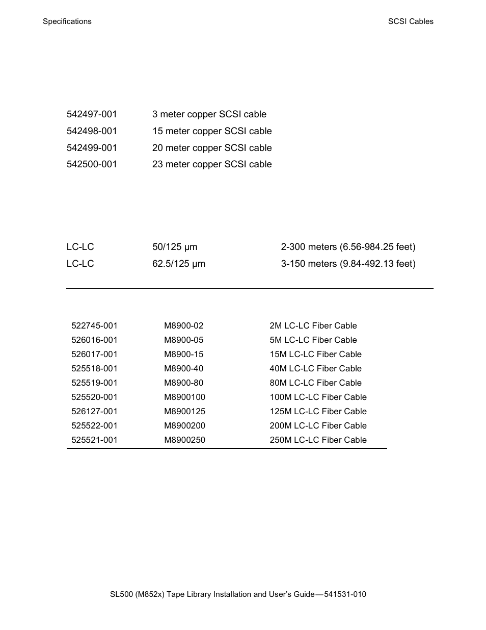Scsi cables, Fiber cables, Table a-8 | Lc - lc multi-mode fiber 50/125, Scsi cables fiber cables | HP Integrity NonStop H-Series User Manual | Page 64 / 76