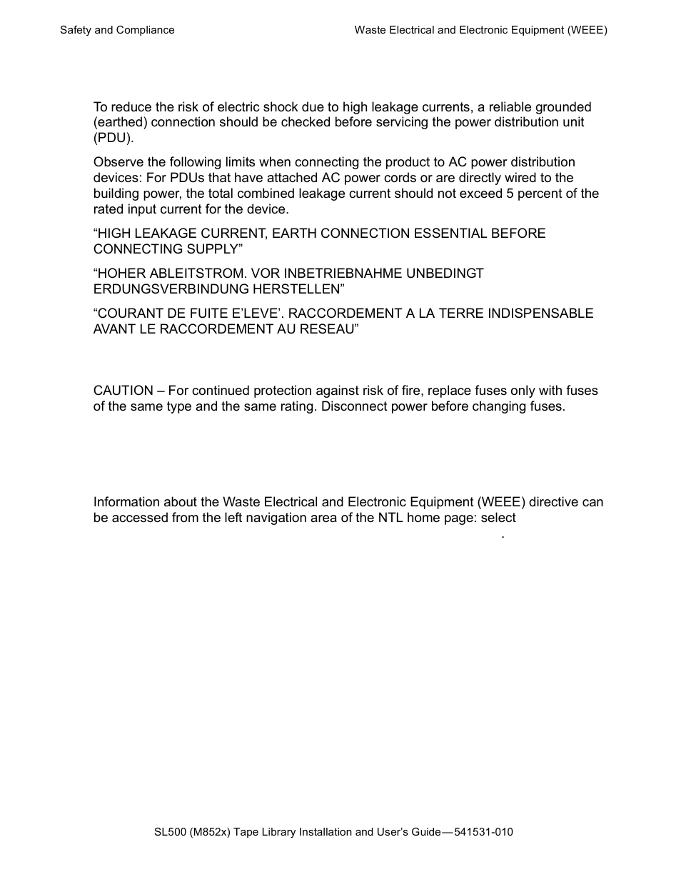 Waste electrical and electronic equipment (weee), High leakage current, Fuse replacement | HP Integrity NonStop H-Series User Manual | Page 73 / 76