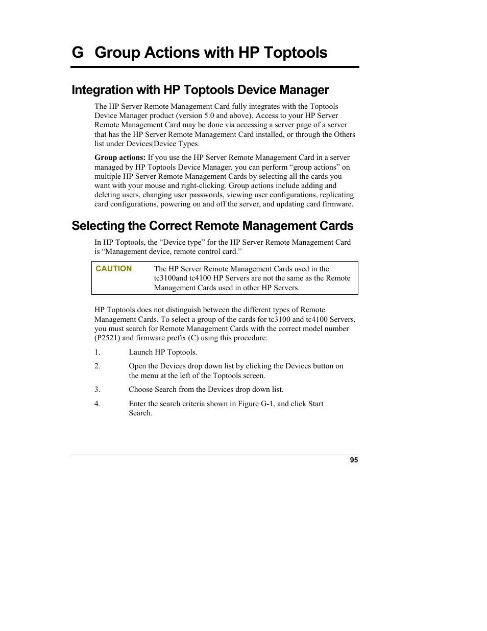 Ggroup actions with hp toptools, Integration with hp toptools device manager, Selecting the correct remote management cards | Group actions with hp toptools, G group actions with hp toptools | HP Server tc3100 series User Manual | Page 101 / 121