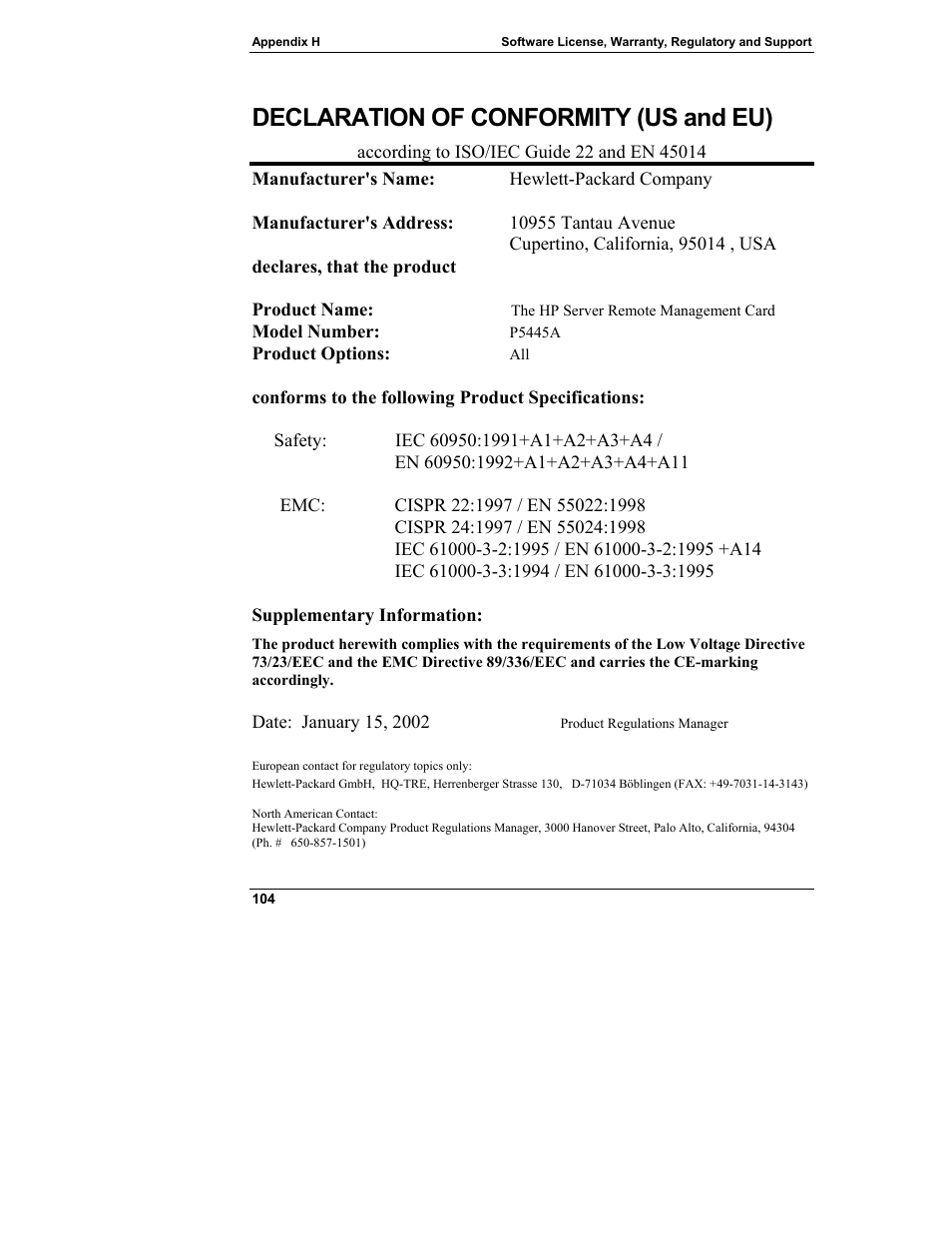 Declaration of conformity (us and eu) | HP Server tc3100 series User Manual | Page 110 / 121