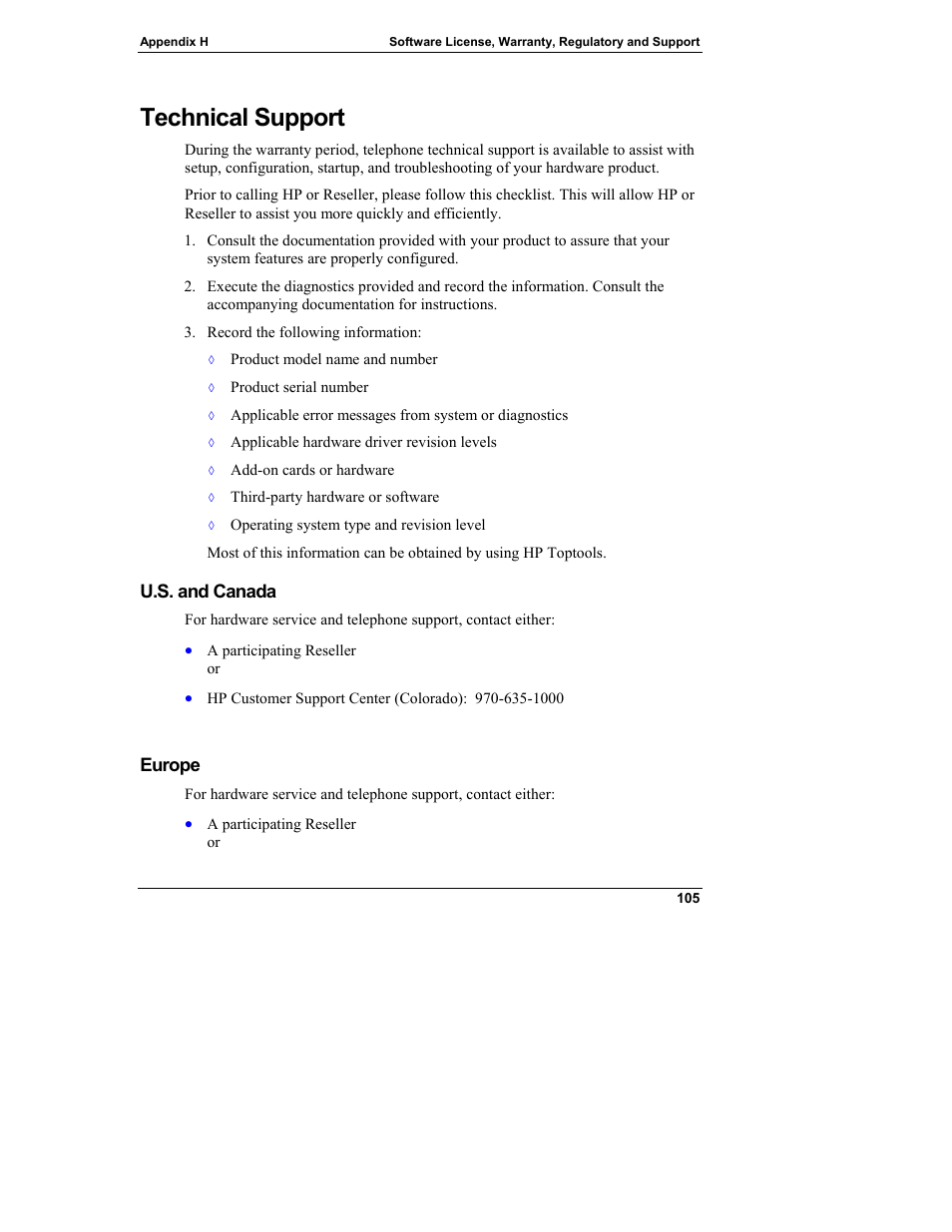 Technical support, U.s. and canada, Europe | HP Server tc3100 series User Manual | Page 111 / 121