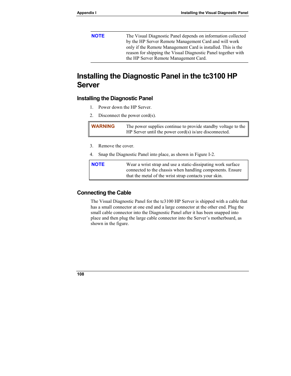 Installing the diagnostic panel, Connecting the cable | HP Server tc3100 series User Manual | Page 114 / 121