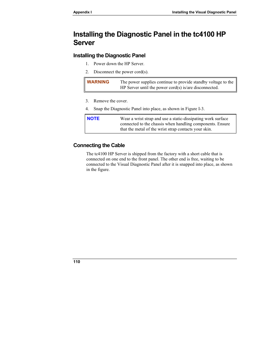 Installing the diagnostic panel, Connecting the cable | HP Server tc3100 series User Manual | Page 116 / 121