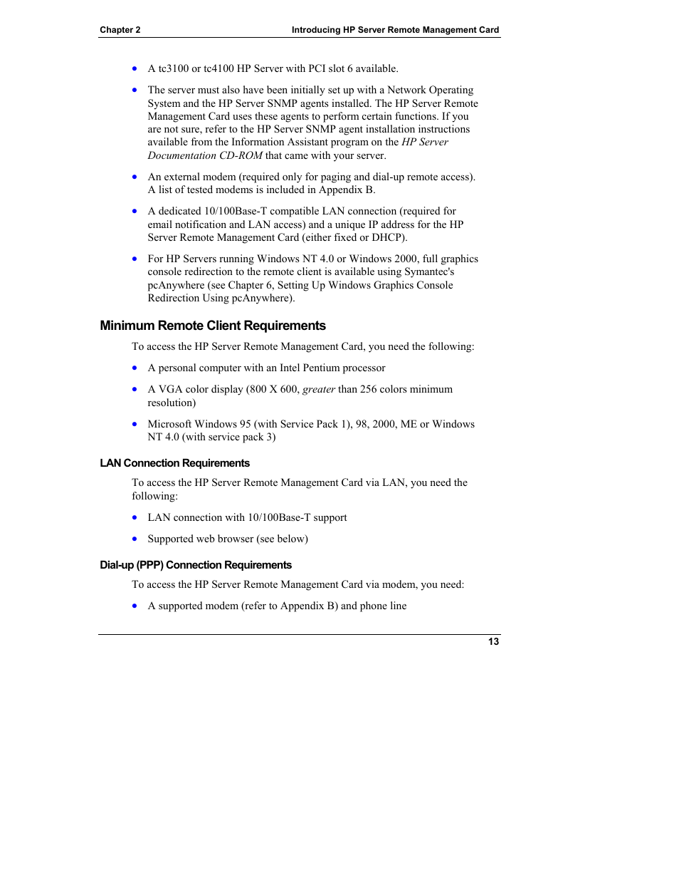 Minimum remote client requirements, Lan connection requirements, Dial-up (ppp) connection requirements | HP Server tc3100 series User Manual | Page 19 / 121