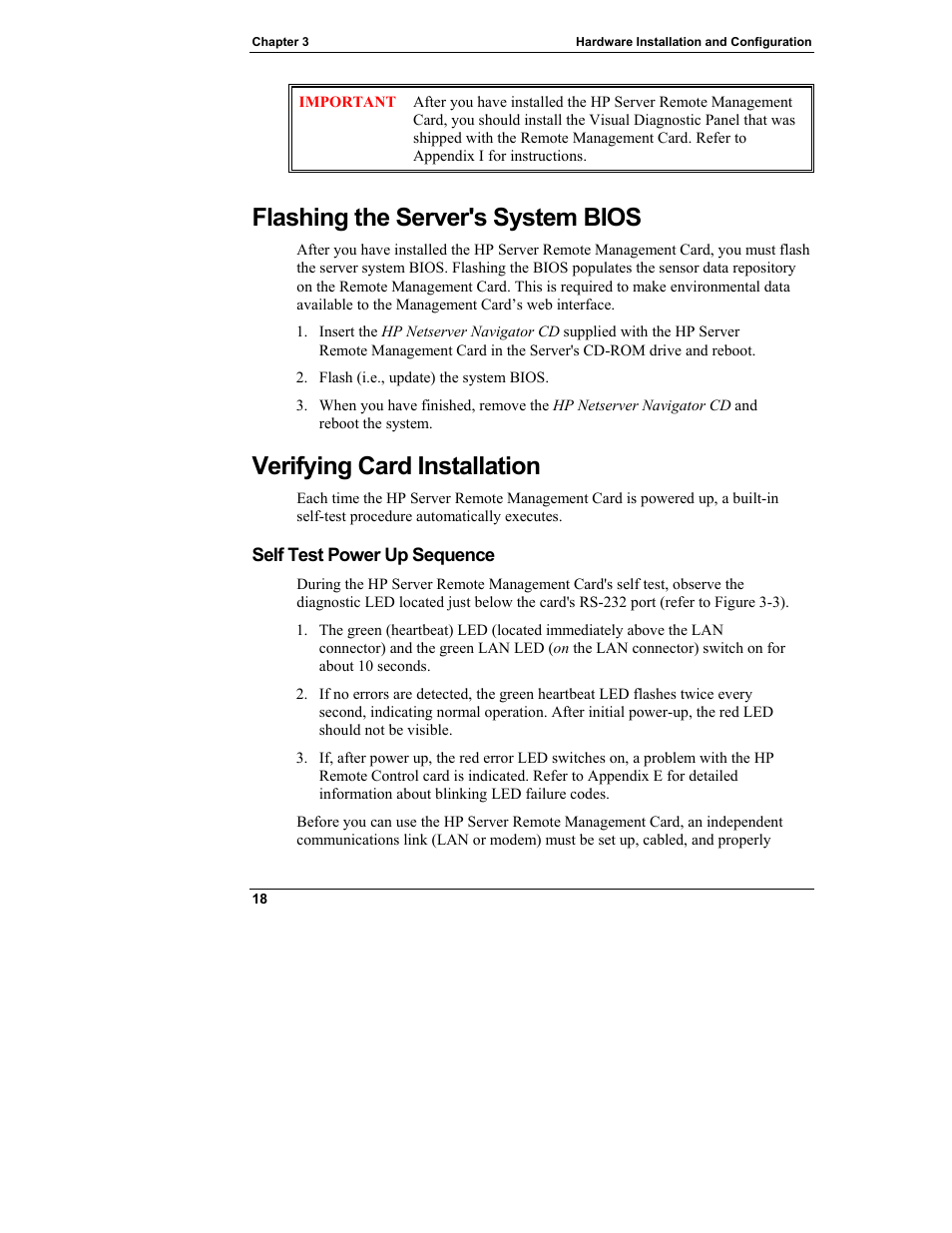 Flashing the server's system bios, Verifying card installation, Self test power up sequence | HP Server tc3100 series User Manual | Page 24 / 121