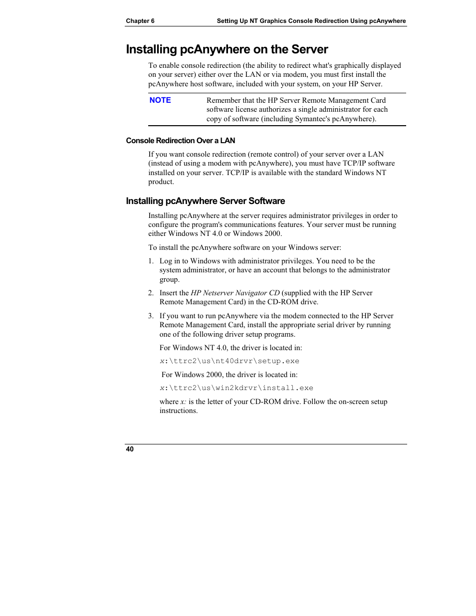 Installing pcanywhere on the server, Console redirection over a lan, Installing pcanywhere server software | HP Server tc3100 series User Manual | Page 46 / 121