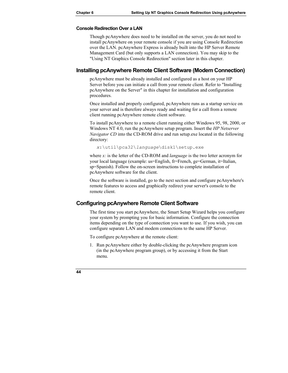 Console redirection over a lan, Configuring pcanywhere remote client software | HP Server tc3100 series User Manual | Page 50 / 121