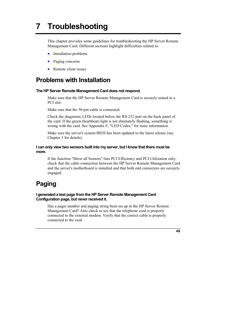 7troubleshooting, Problems with installation, Paging | Troubleshooting, 7 troubleshooting | HP Server tc3100 series User Manual | Page 55 / 121