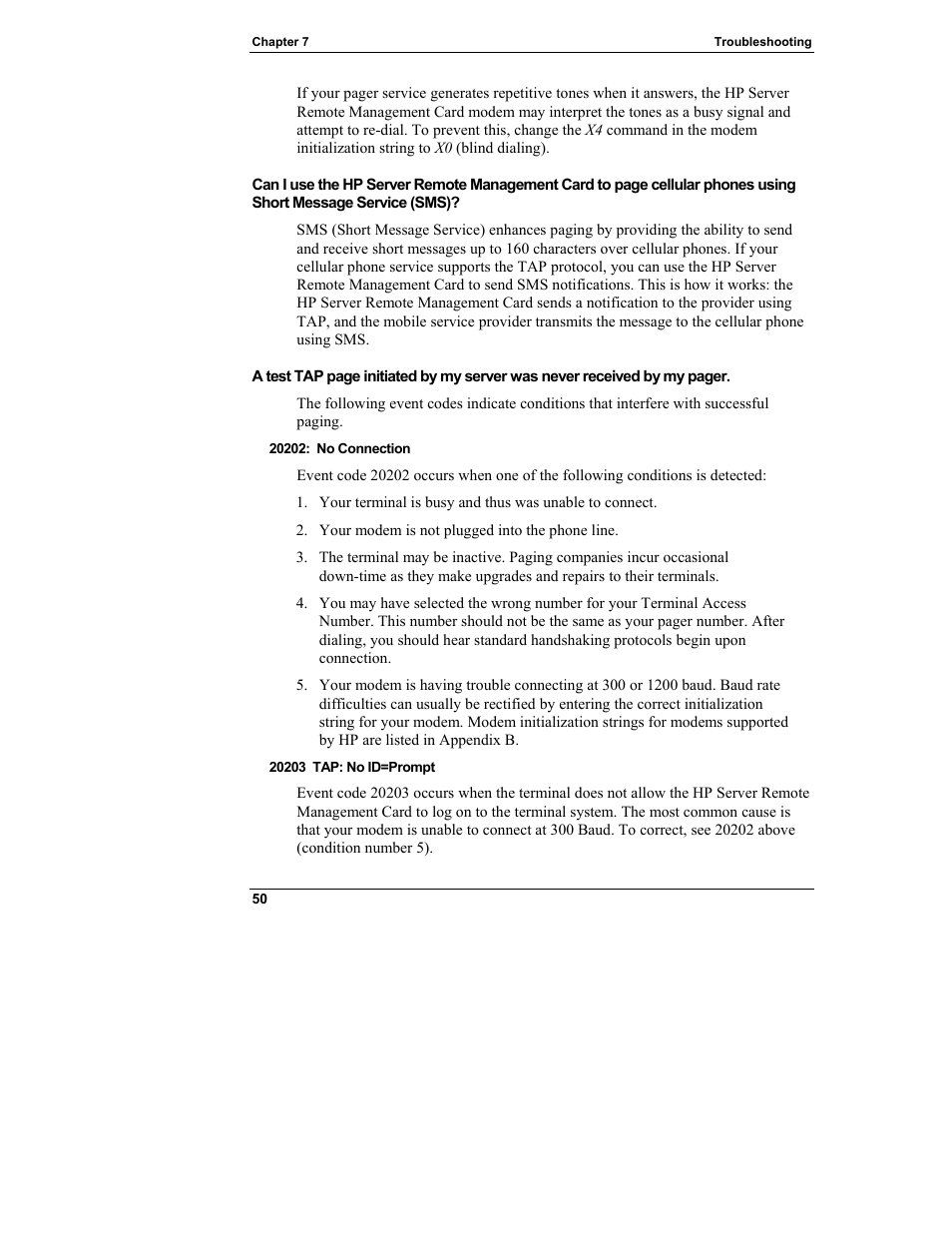 20202: no connection, 20203 tap: no id=prompt | HP Server tc3100 series User Manual | Page 56 / 121