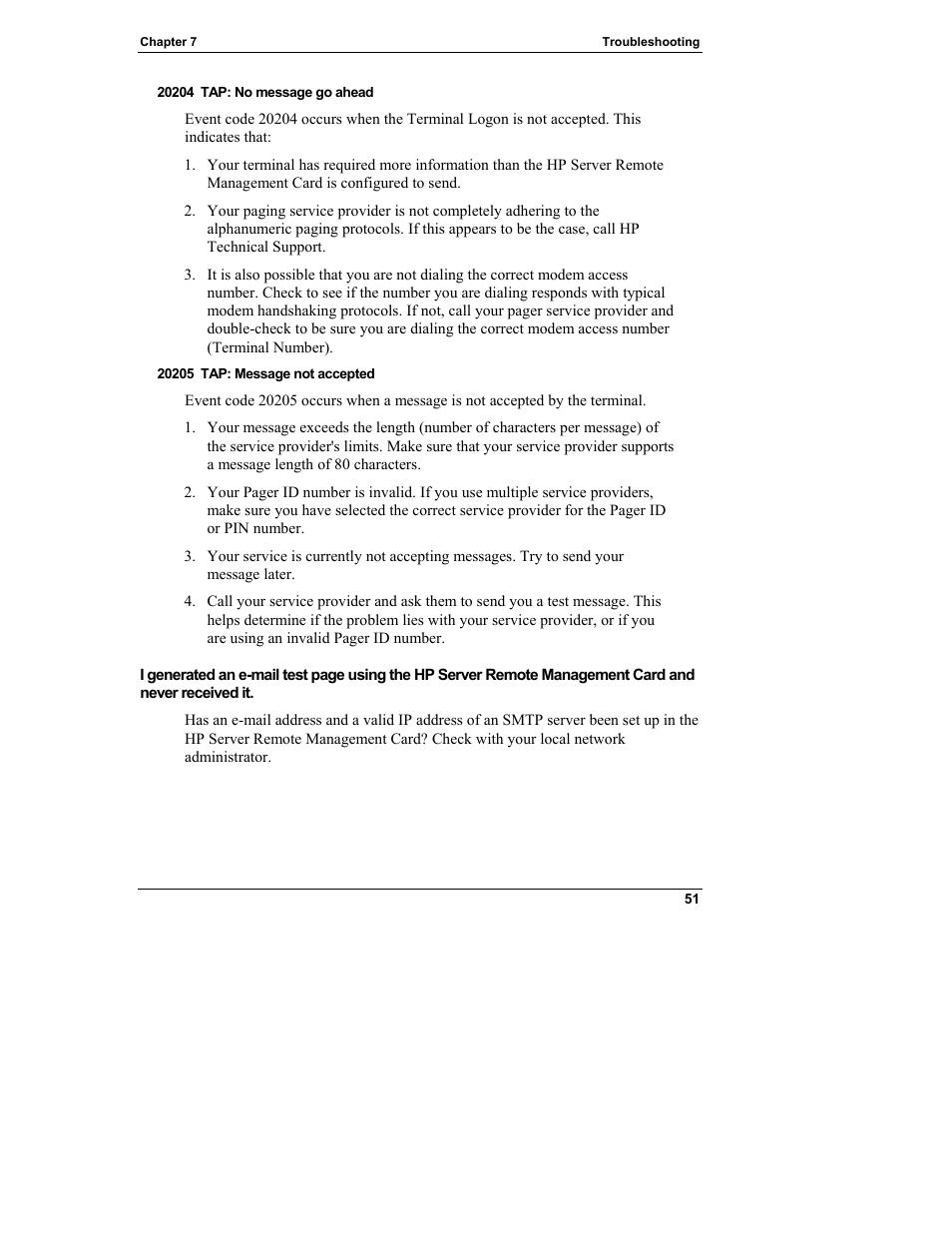 20204 tap: no message go ahead, 20205 tap: message not accepted | HP Server tc3100 series User Manual | Page 57 / 121