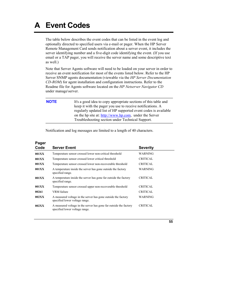 Aevent codes, Event codes, A event codes | HP Server tc3100 series User Manual | Page 61 / 121