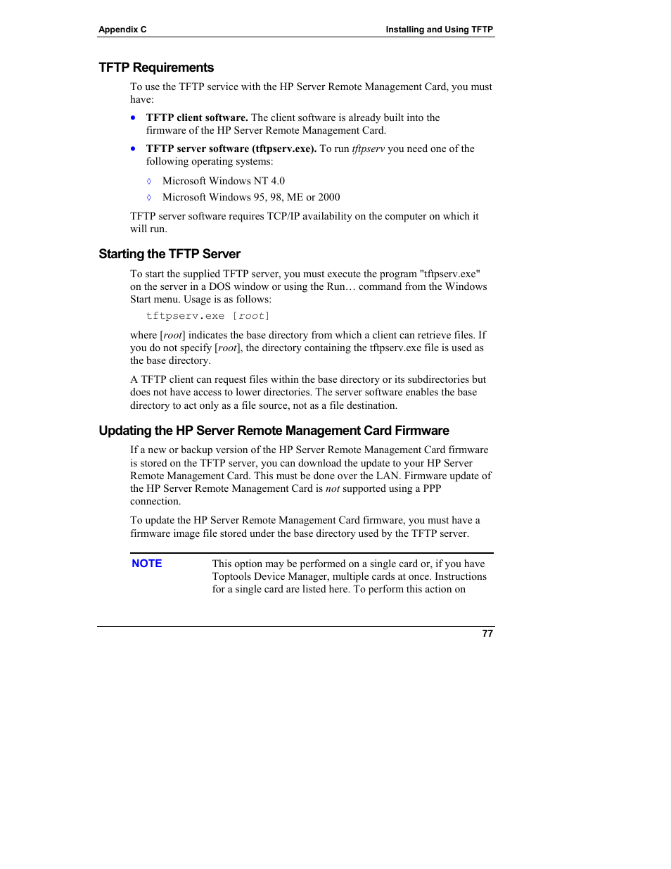 Tftp requirements, Starting the tftp server | HP Server tc3100 series User Manual | Page 83 / 121