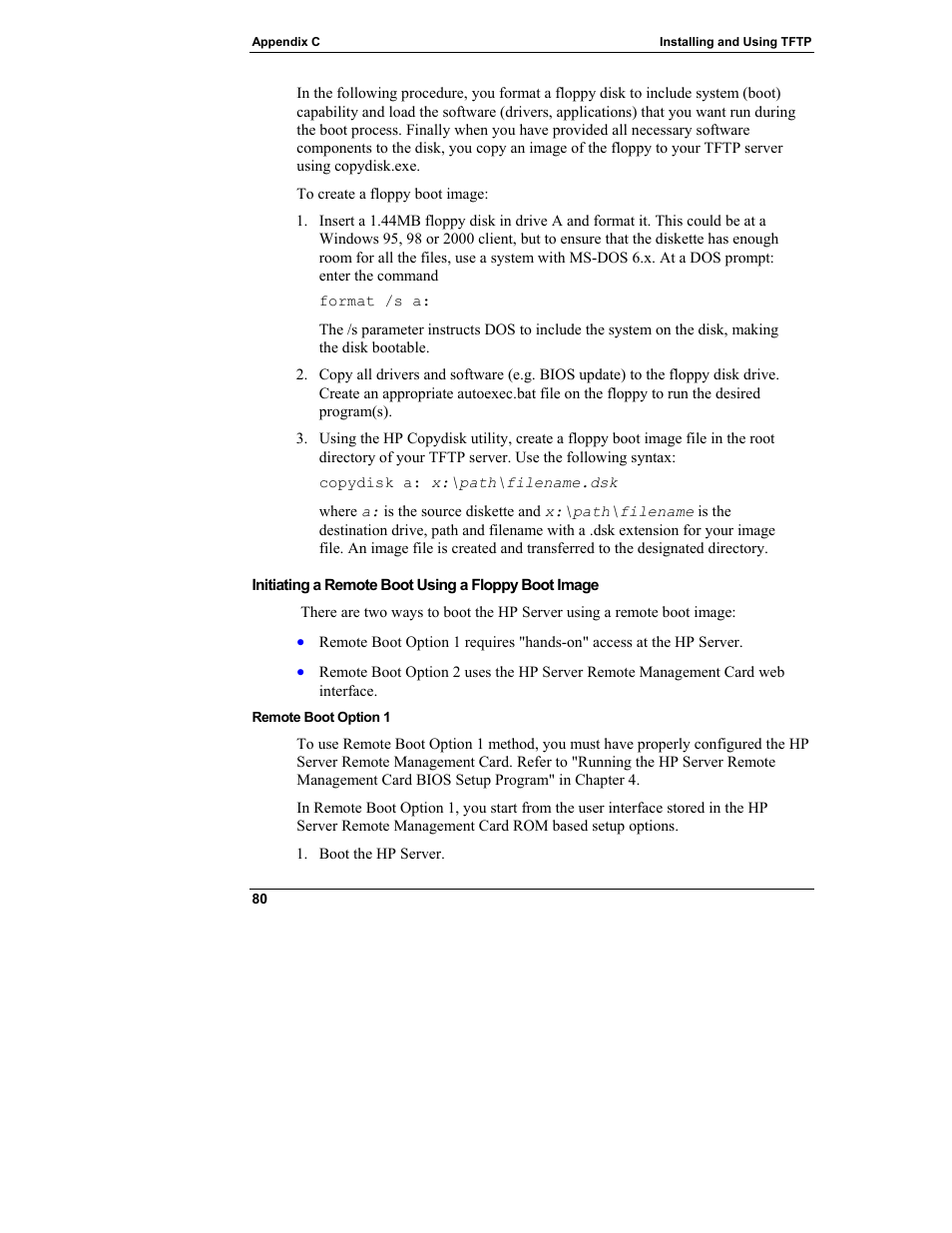 Initiating a remote boot using a floppy boot image, Remote boot option 1 | HP Server tc3100 series User Manual | Page 86 / 121