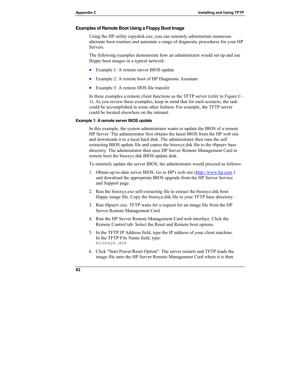 Examples of remote boot using a floppy boot image, Example 1: a remote server bios update | HP Server tc3100 series User Manual | Page 88 / 121