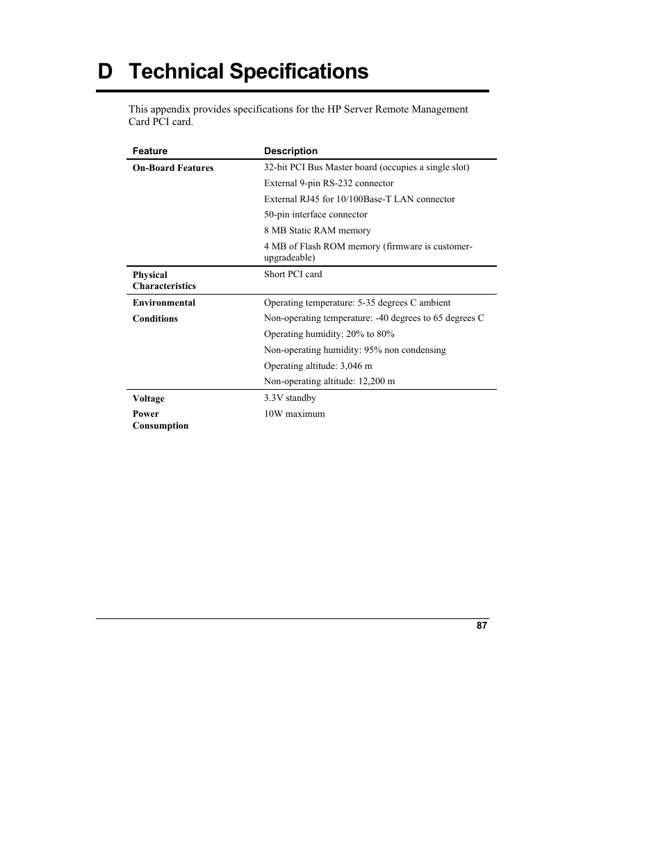 Dtechnical specifications, Technical specifications, D technical specifications | HP Server tc3100 series User Manual | Page 93 / 121