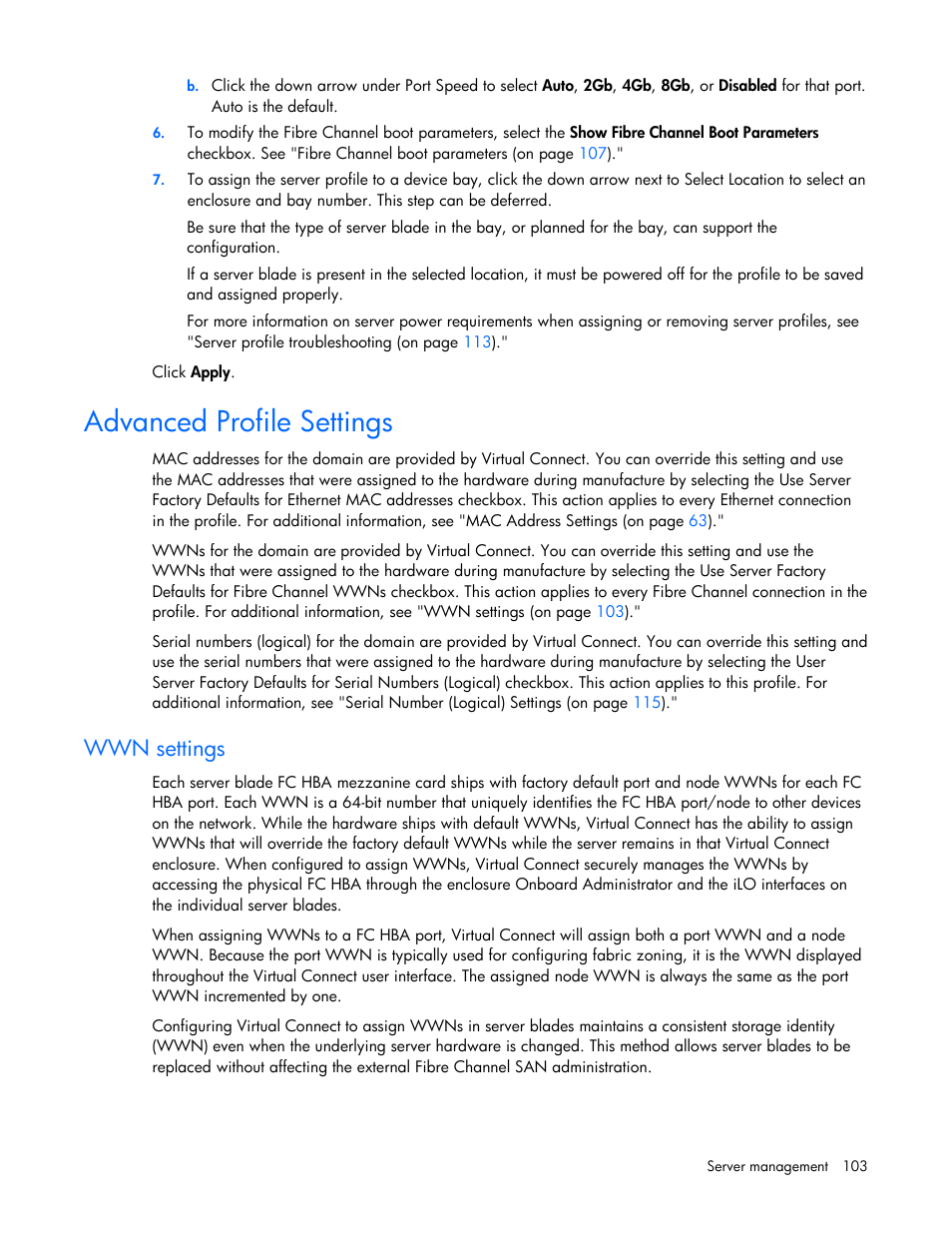 Advanced profile settings, Wwn settings | HP Integrity BL860c i2 Server-Blade User Manual | Page 103 / 162