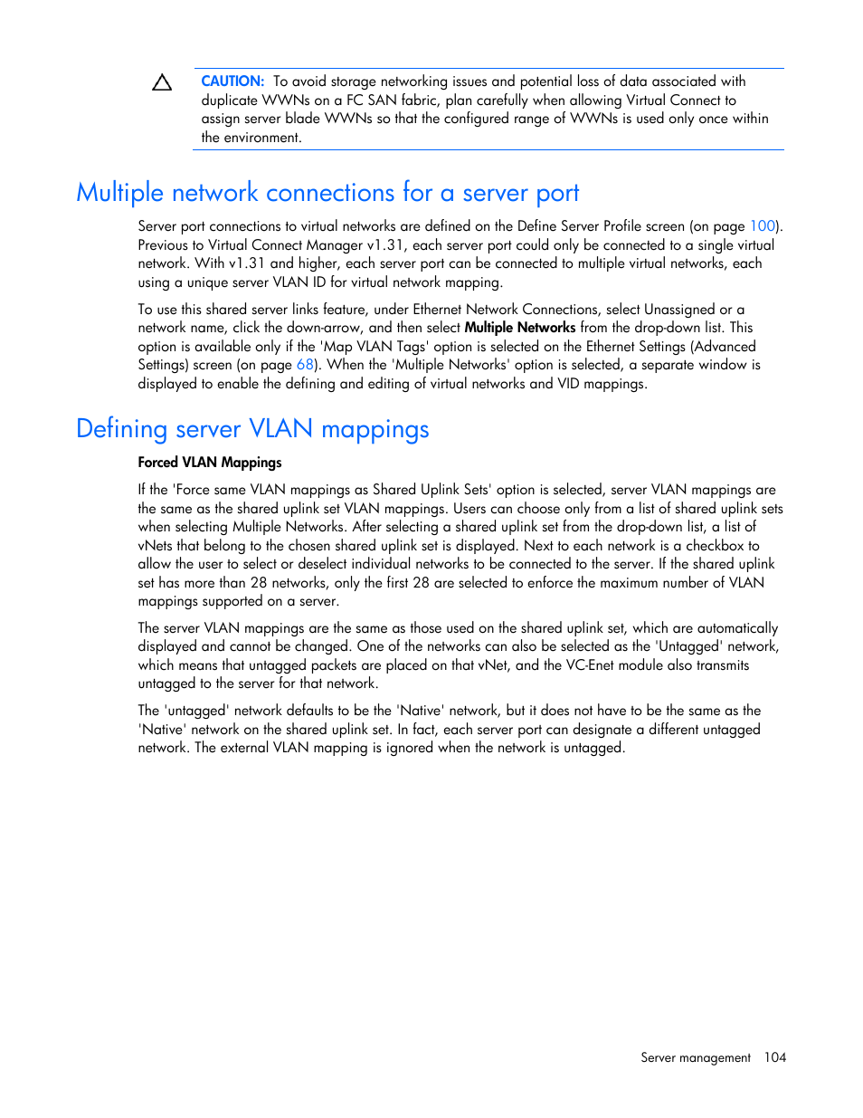 Multiple network connections for a server port, Defining server vlan mappings | HP Integrity BL860c i2 Server-Blade User Manual | Page 104 / 162