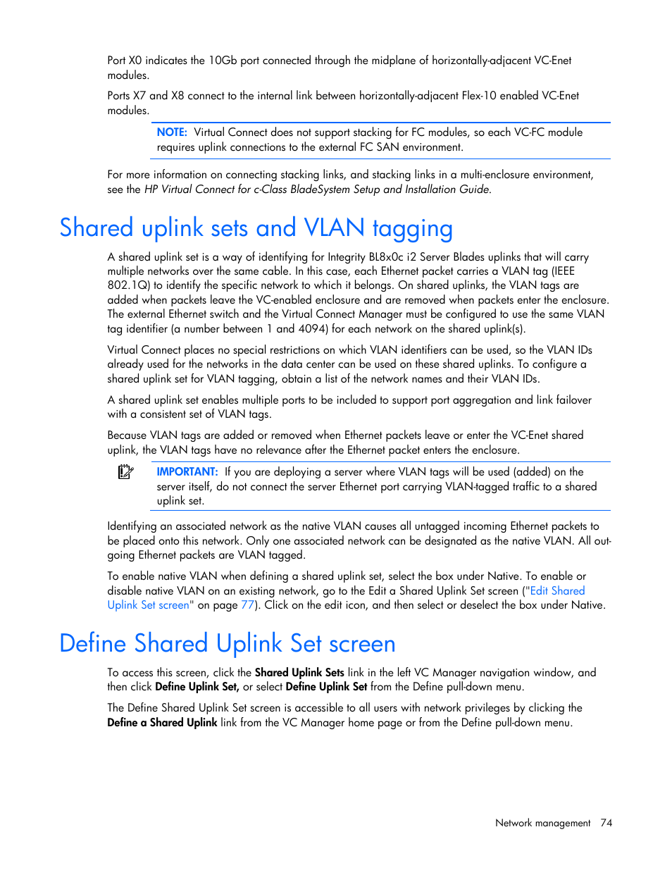 Shared uplink sets and vlan tagging, Define shared uplink set screen | HP Integrity BL860c i2 Server-Blade User Manual | Page 74 / 162