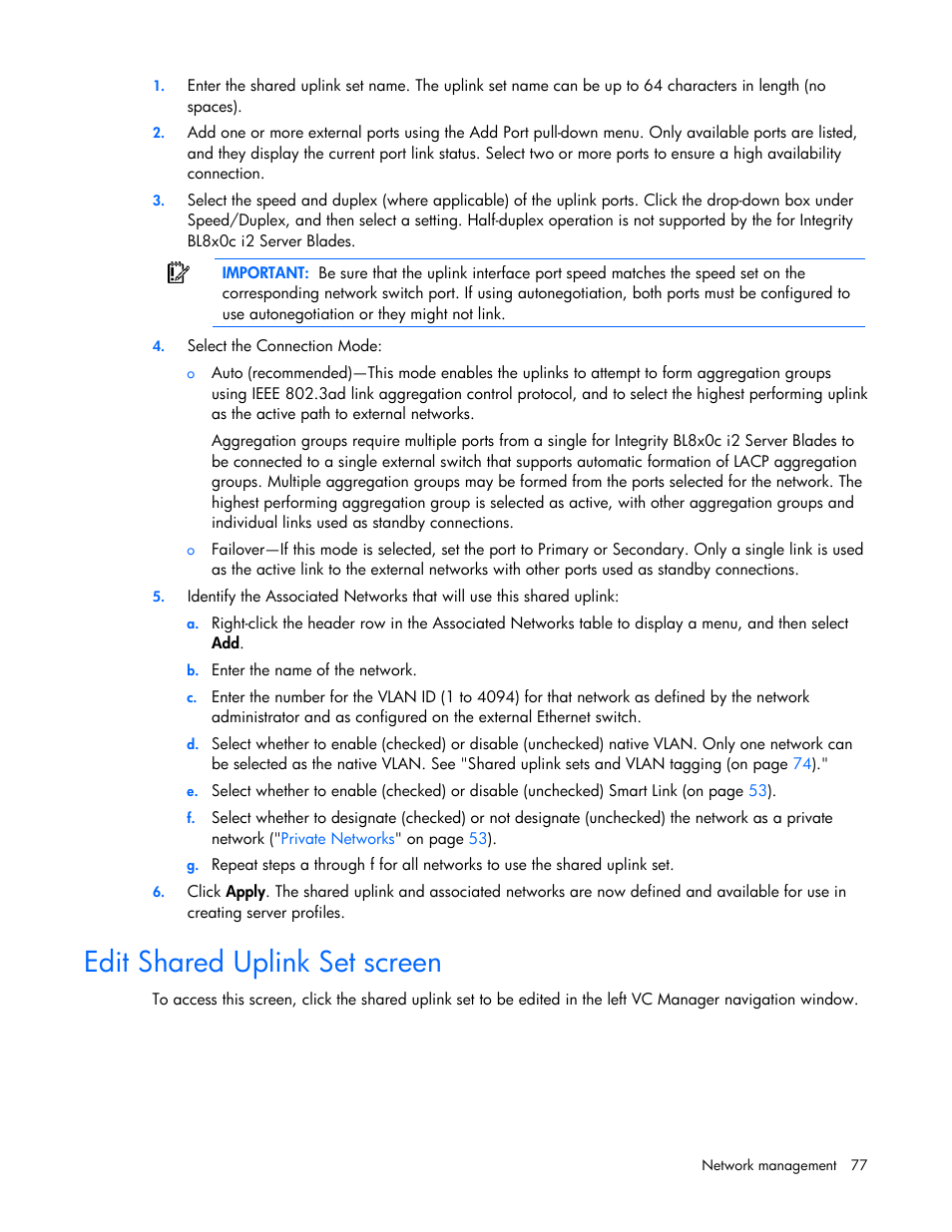 Edit shared uplink set screen, Edit shared, Uplink set screen | HP Integrity BL860c i2 Server-Blade User Manual | Page 77 / 162