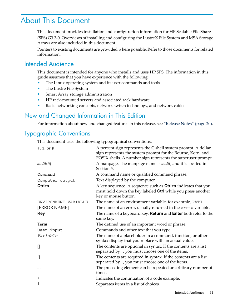About this document, Intended audience, New and changed information in this edition | Typographic conventions | HP StorageWorks Scalable File Share User Manual | Page 11 / 84
