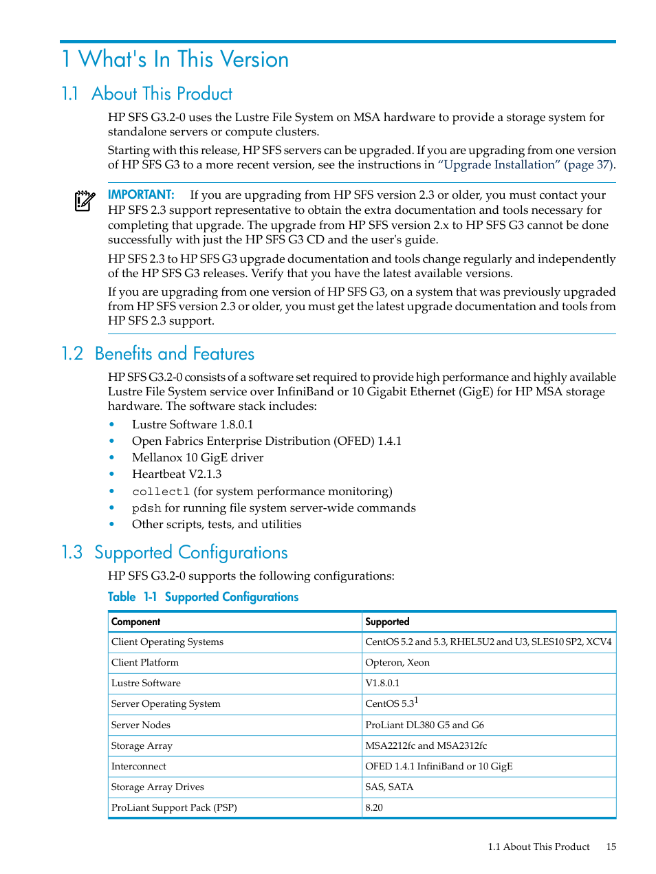 1 what's in this version, 1 about this product, 2 benefits and features | 3 supported configurations, Supported configurations | HP StorageWorks Scalable File Share User Manual | Page 15 / 84