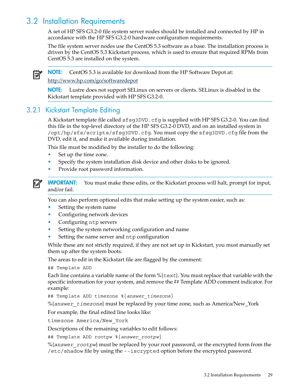 2 installation requirements, 1 kickstart template editing | HP StorageWorks Scalable File Share User Manual | Page 29 / 84