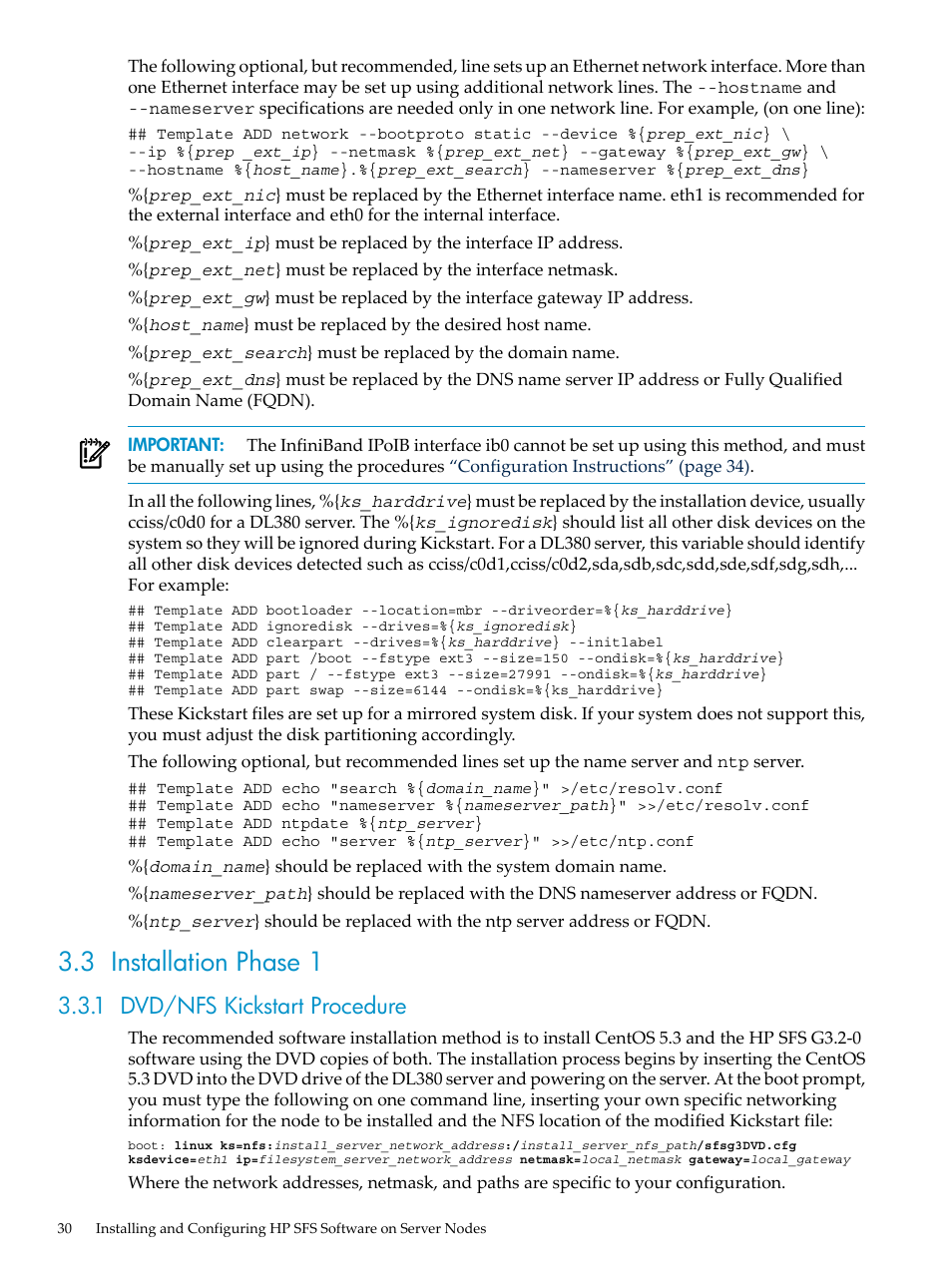 3 installation phase 1, 1 dvd/nfs kickstart procedure | HP StorageWorks Scalable File Share User Manual | Page 30 / 84